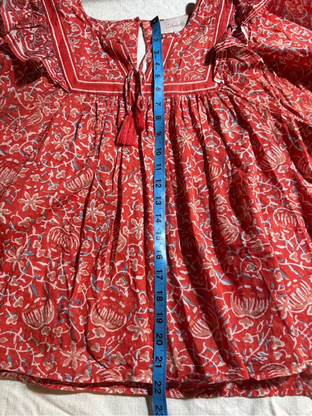 Cleobella Mylah Blouse Red Floral Block Print Tassel Tie Ruffle Boho Top Size M - Picture 11 of 11